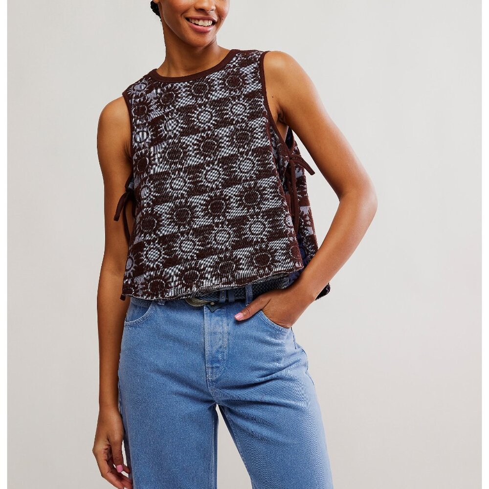Free People Brown and Light Blue Cropped Knit Tank Top NWT MSRP $78